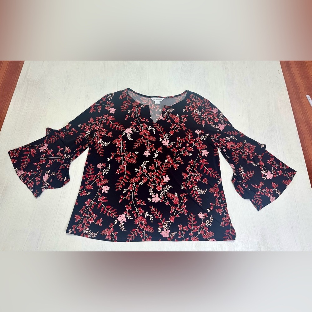 Liz Claiborne PL Floral Blouse Bell Sleeve Black Red Pink Top - Picture 1 of 8